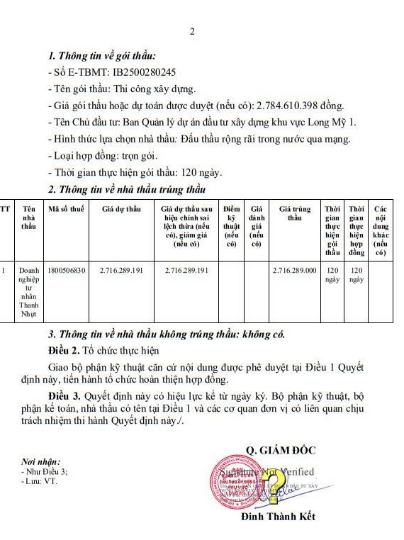 Quyết định số 11/QĐ-BQLDA ngày 03/09/2025 , phê duyệt kết quả lựa chọn nhà thầu cho gói thầu "Thi công xây dựng" thuộc dự án Tuyến Cái Xu B. Nguồn: MSC qd-21.jpg