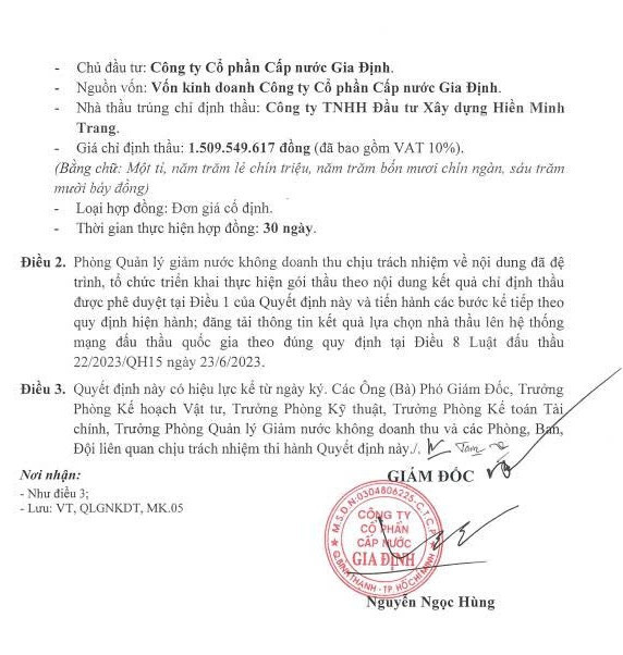 Quyết định số 403/QĐ-GĐ phê duyệt kết quả chỉ định thầu cho Công ty TNHH Đầu tư Xây dựng Hiền Minh Trang. Nguồn: MSC qd-2-2307.jpg