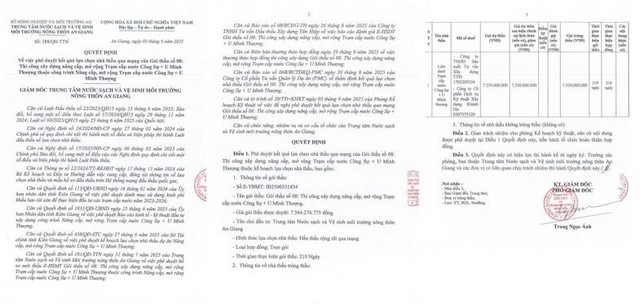 Quyết định số 288/QĐ-TTN phê duyệt kết quả lựa chọn nhà thầu cho Gói thầu số 08: Thi công xây dựng Nâng cấp, mở rộng Trạm cấp nước Công Sự + U Minh Thượng. Nguồn: MSC qd.jpg