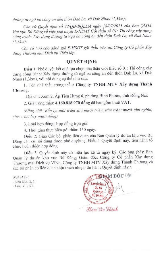 Quyết định phê duyệt kết quả LCNT Gói thầu "Thi công xây dựng công trình: Xây dựng đường từ ngã ba công an đến thôn Đak La, xã Đak Nhau (1,3km)" qd92.jpg