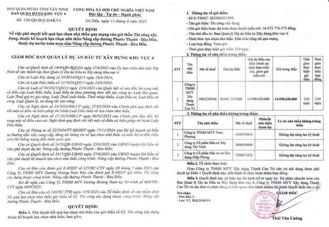 Quyết định số 150/QĐ-BQLDAKV4, phê duyệt kết quả lựa chọn nhà thầu cho gói thầu Thi công xây dựng Thuộc dự án Nâng cấp đường Phước Thạnh - Bàu Đồn. Nguồn: MSC qd-8353.jpg