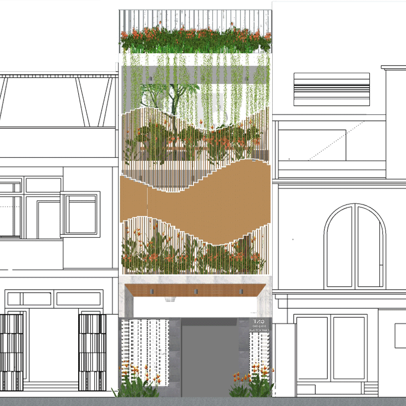 Lớp vỏ thứ hai này giúp căn nhà có mặt đứng với hiệu ứng linh hoạt và hấp dẫn, tạo điểm nhấn thú vị mỗi khi có sự điều chỉnh làm thay đổi góc xoay của hệ lam, phù hợp với chức năng kinh doanh.