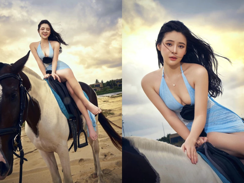 Hot girl RMIT cưỡi ngựa diện váy mỏng manh xẻ táo bạo