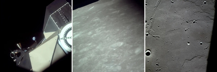 Ảnh chụp từ tàu đổ bộ Eagle (Eagle Lunar Module) cho thấy Trái Đất nằm phía xa. Tiếp theo là ảnh của bề mặt Mặt Trăng, nhìn từ khoang chỉ huy và module Mặt Trăng.