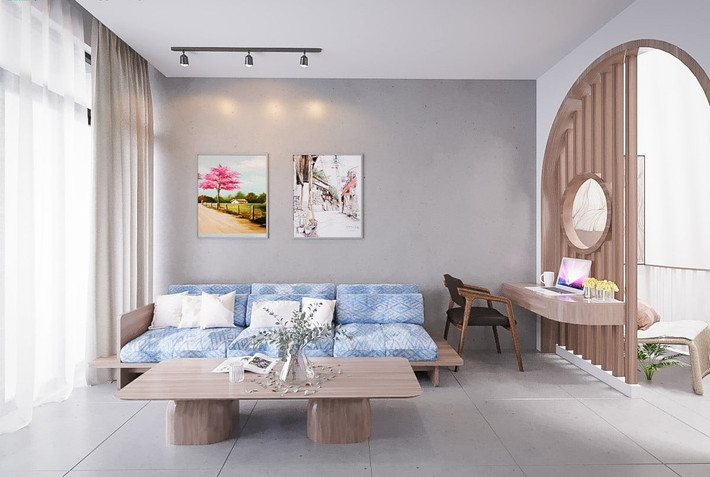 Phòng sinh hoạt chung kết hợp nơi làm việc, xem phim và cho cả nhà quây quần. Ghế văng dài, có thể nằm ngả lưng, đọc sách rất êm ái.