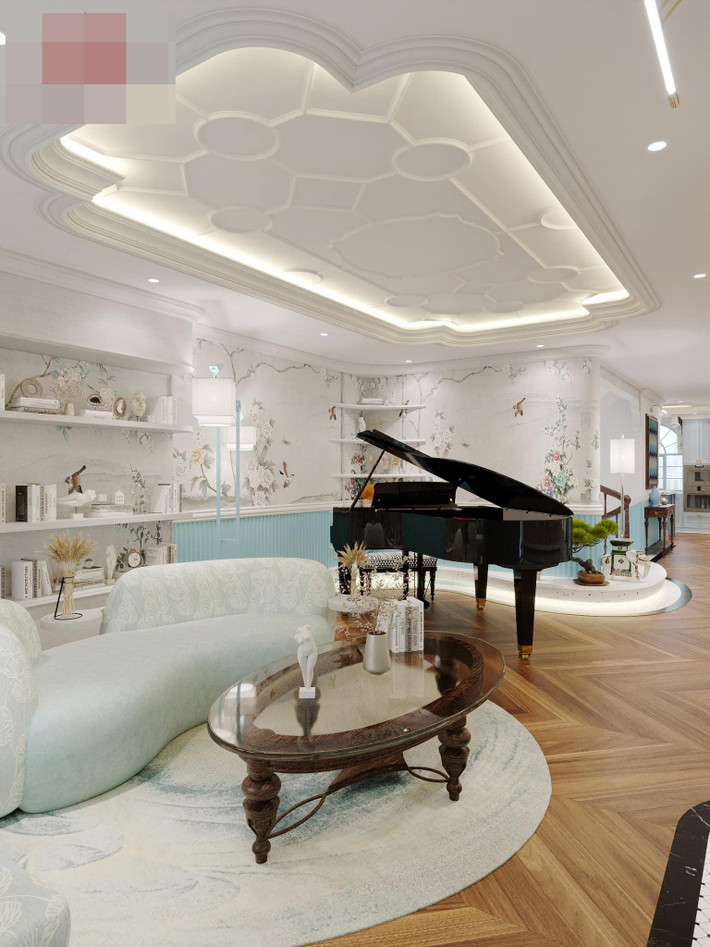 Không gian xa hoa, sang trọng thể hiện tầm và gu thẩm mỹ của gia chủ. Màu xanh pastel mang đến cảm giác dễ chịu, nhẹ nhàng.
