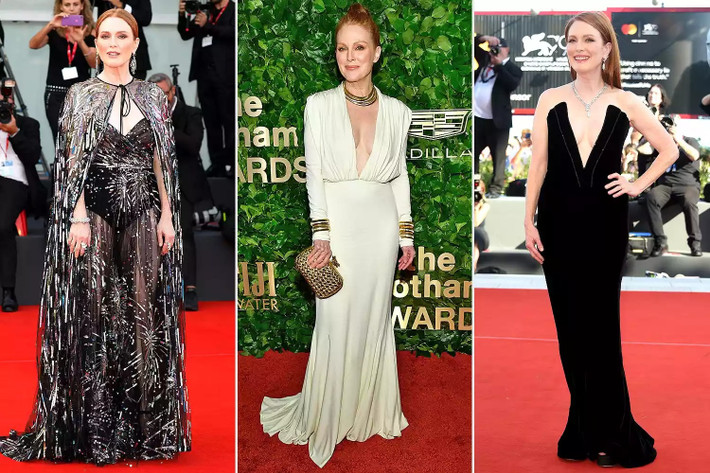 Đây là lần thứ 3 Julianne Moore góp mặt trong bình chọn sao mặc đẹp của tạp chí Mỹ. Tại Liên hoan phim Venice hồi tháng 7, nữ giám khảo quyền lực toát lên vẻ sang trọng khi diện bộ váy Valentino xuyên thấu đính sequin, tiếp theo đó là 2 mẫu váy cổ chữ V khoét sâu được tạo điểm nhấn bằng trang sức hiệu Sidney Garber.