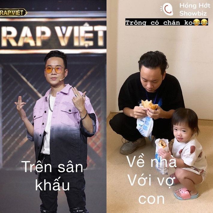 Mở đầu tin sao Việt là hình ảnh hài hước cho thấy sự khác biệt của JustaTee trên sân khấu và đời thường. Nếu trên sân khấu cá tính, "cool ngầu" bao nhiêu, JustaTee của đời thường lại mộc mạc, bình dị bấy nhiêu. Hình ảnh giám khảo Rap Việt vừa chăm con gái, vừa gặm ổ bánh mì do bà xã Trâm Anh ghi lại khiến nhiều người vừa thích thú, vừa bật cười vì dễ thương.