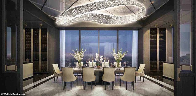 Phòng ăn phong cách thiết kế sang trọng, trang nhã có sức chứa đến 10 người, phù hợp cho các bữa tiệc tối gia đình hoặc tụ họp bạn bè quy mô nhỏ. Ảnh:Wallich Residence.