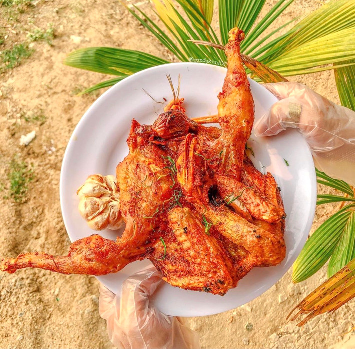 Gà được chọn phải là những con thả vườn. Sau khi sơ chế, người chế biến tẩm ướp thịt với sả, ớt, tỏi, đường, muối, lá chúc. Lá chúc có vị the như lá chanh nhưng thơm nồng hơn, không bị đắng. Con gà được dọn ra có màu vàng đẹp mắt, ăn kèm rau sống, dưa leo, nước chấm. Ảnh: Candykun107.