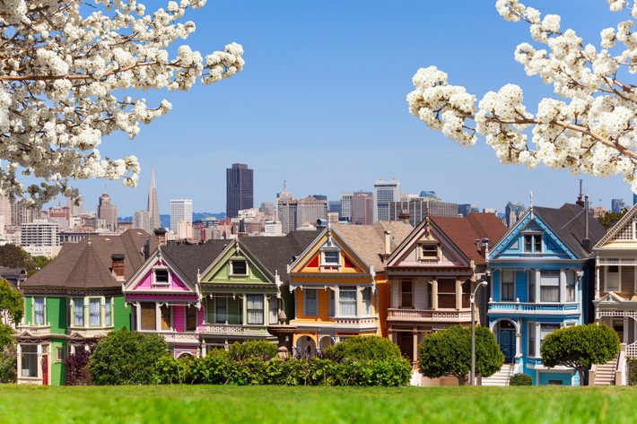 Steiner, San Francisco, California: Những ngôi nhà theo kiến trúc thời Victoria có tông màu từ xanh dương, xanh nõn chuối đến cam, hồng phớt, lộng lẫy đến mức con phố Steiner được gọi là "dãy bưu thiếp". Cùng với tầm nhìn hướng ra thành phố và một công viên xanh màu cỏ ở phía đối diện, Steiner hiện lên như một bức tranh vẽ hoàn hảo. Ảnh: Sergey Novikov.