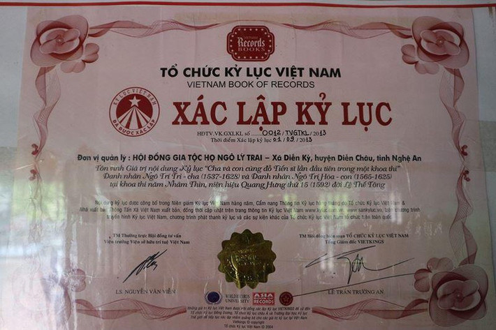 Dòng họ Ngô (ở vùng Lý Trai, Diễn Châu, Nghệ An) có tới 5 người (ông, cha, cháu) từng đỗ tiến sĩ nước Việt dưới thời Hậu Lê. Đây là dòng họ đầu tiên của cả nước có cả 3 đời đỗ tiến sĩ. Người ta còn gọi là "Tam đại tiến sĩ", thành tích rất hy hữu trong lịch sử khoa bảng nước nhà. Năm 2013, dòng họ Ngô ở xã Diễn Kỷ, huyện Diễn Châu, tỉnh Nghệ An được trao kỷ lục Guinness Việt Nam.