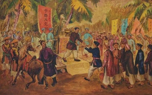 Địa danh Cần Giuộc trong bài thơ thuộc tỉnh Long An ngày nay. Ngày 16/12/1861, Bùi Quang Diệu chỉ huy 3 cánh quân tập kích đồn Tây Dương ở chợ Trường Bình, Cần Giuộc, nghĩa quân chiếm được đồn địch, đốt nhà dạy đạo và đâm bị thương đồn trưởng Dumont, hạ được một số lính. Pháp liền dùng đại bác từ tàu chiến đậu trên sông Cần Giuộc để chiếm lại đồn. Phía nghĩa quân hy sinh 15 người (có tài liệu ghi là 27 người). Nguyễn Đình Chiểu, lúc bấy giờ về Cần Giuộc, ở chùa Tôn Thạnh bốc thuốc, dạy học và sáng tác thơ văn. Ông đã viết bài Văn tế nghĩa sĩ Cần Giuộc như lời truy điệu các nghĩa sĩ hy sinh trong trận đánh này. Ảnh: Thư viện lịch sử.