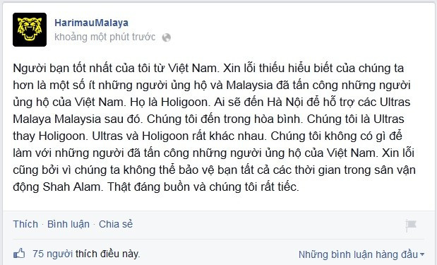 Người hâm mộ Malaysia dùng google translate để truyền tải lời xin lỗi của mình tới CĐV Việt Nam.