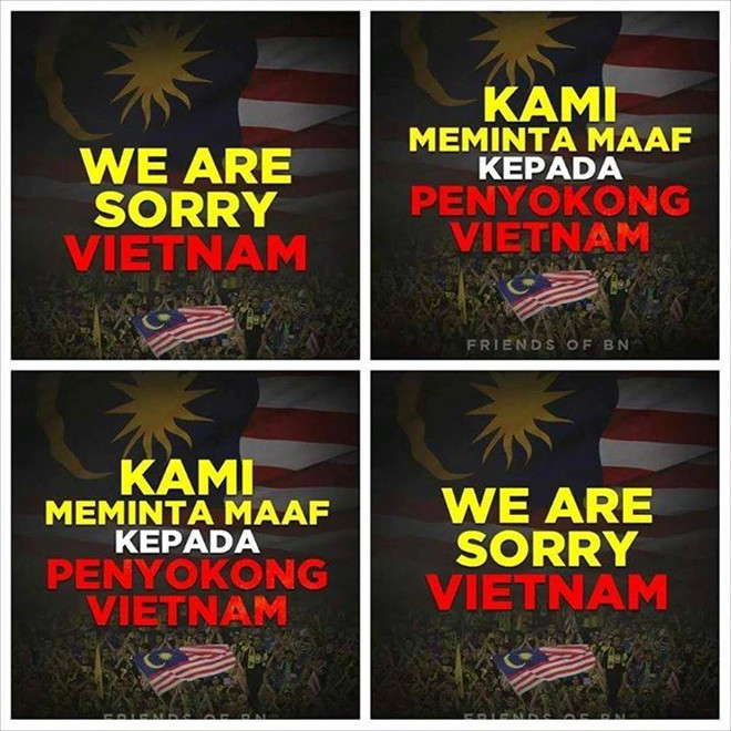 Cộng đồng mạng Malaysia nói lời xin lỗi tới người hâm mộ Việt Nam cả bằng tiếng Anh lẫn tiếng Malaysia.