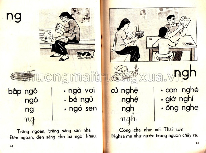 Độ khó được tăng dần qua mỗi bài học. Ví dụ, đến bài nguyên âm "ng" và "ngh", trẻ được học 4 từ mới và 2 câu thơ ứng dụng. Ca dao, tục ngữ được lồng ghép vào các bài học, giúp trẻ làm quen dần với văn học dân gian.