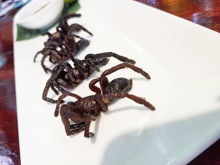 Nhện Tarantula (Campuchia): Tarantula rất phổ biến ở Campuchia với kiểu chế biến chiên giòn. Món ăn chắc chắn sẽ khiến những người sợ nhện phải tá hỏa khi trông thấy. Tuy nhiên, hương vị của món ăn này lại được nhiều du khách khen nức nở. Tarantula được chiên ngập dầu, tẩm ướp gia vị muối, mì chính, đường, tỏi... hấp dẫn. Ảnh: Min_fang.