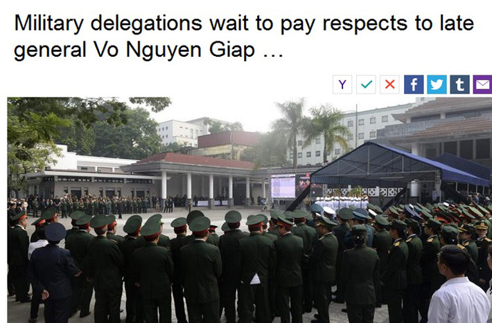 Reuters đã ca ngợi Đại tướng Võ Nguyên Giáp là "một tướng tự học, người đã đánh thắng cả quân Pháp và Mỹ và trở thành một trong những vị tướng vĩ đại nhất thế kỷ 20".