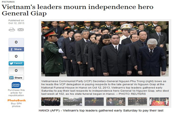Tờ The Straits Times ca ngợi Đại tướng là "thiên tài quân sự với cách đánh du kích, đã chiến thắng cả Pháp và Mỹ".