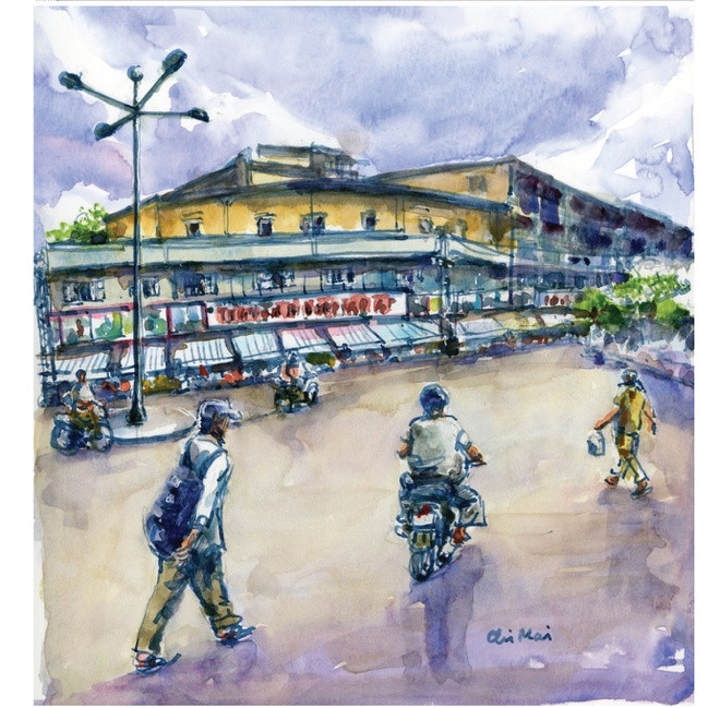 br/> Ký họa Thương xá Đồng Khánh trên đường Trần Hưng Đạo, ngã tư Phùng Hưng - Trần Hưng Đạo. Trong bức ký họa có hình ảnh đèn năm ngọn. Những năm đầu thế kỷ 20, đường Phùng Hưng còn có tên gọi nôm na là “Đường đèn năm ngọn” vì giao điểm đường rue de Paris (Phùng Hưng) và rue se Martins (Trần Hưng Đạo) có quảng trường nhỏ, chính giữa có đèn năm ngọn.