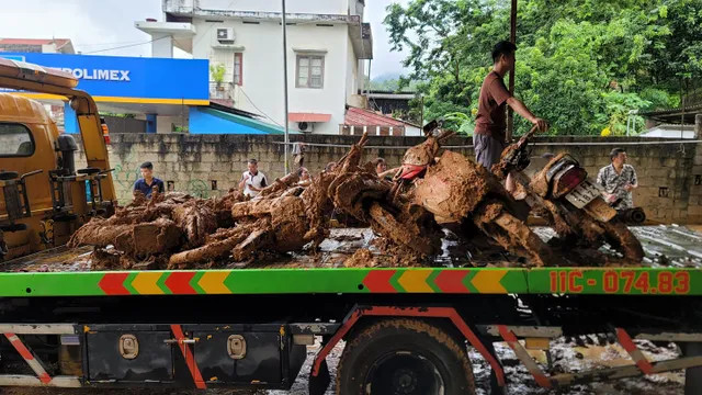 Đất đá sạt từ phía sau đồi đã vùi lấp nhà dân TP Cao Bằng, vùi lấp 6 xe máy và nhiều tài sản khác (Ảnh: Lê Duyên/vtv.vn)