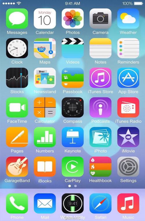 iOS 8 chạy trên iPhone 6. Một bức ảnh mới được đăng tải trên mạng được cho là chụp màn hình của hệ điều hành iOS 8 trên iPhone 6. Bằng chứng của nghi vấn này là trên màn hình không có sự xuất hiện của 4 icon quen thuộc được Apple sử dụng từ thời ra mắt. Độ phân giải của các biểu tượng là 1600x966, với kích thước 5x7 không phải là những con số quen thuộc trong hệ thống ecosystem của iOS. Ngoài ra, sự xuất hiện của một số ứng dụng lạ như Healthbook, Carplay, Watch Utility.
