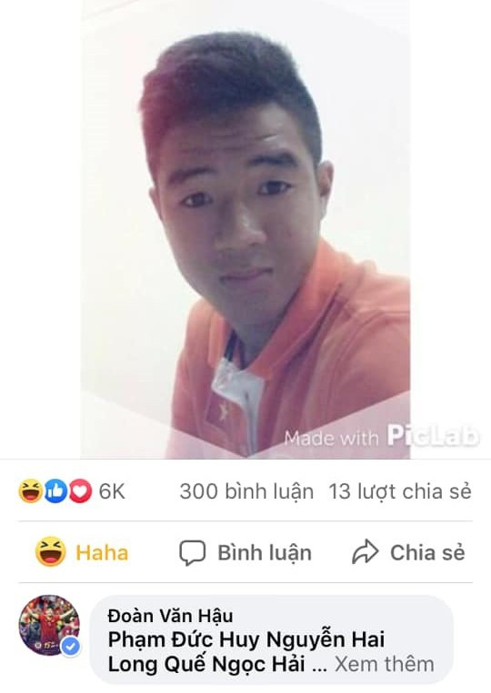 Để đáp trả, Văn Hậu cũng nhanh chóng bình luận dưới bức ảnh từ năm 2015 của Hà Đức Chinh. Hậu Vệ quê Thái Bình tag tên của nhiều cầu thủ tuyển Việt Nam như Đức Huy, Hai Long, Quế Ngọc Hải để cùng trêu chọc đàn anh. Ảnh chụp màn hình.