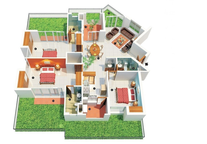 Đây là bản vẽ một mẫu nhà cấp 4 có sân vườn thân thiện với thiên nhiên. Ngôi nhà có chiều sâu, được bố trí không gian hợp lí, có sân trước, sân sau và vườn. Nhà gồm 3 phòng ngủ, 2 nhà vệ sinh