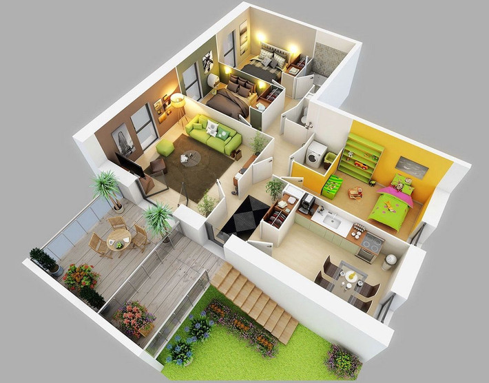 Đây là kiểu bố cục chia nhà cấp 4 có 3 phòng ngủ đầy đủ công năng và đẹp mắt, phù hợp với diện tích đất rộng