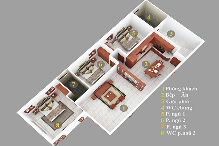 Mẫu nhà cấp 4 có 3 phòng ngủ này thiết kế theo hơi hướng Hàn Quốc, phù hợp cho gia đình ít người. Phòng khách liền bếp có không gian mở thường thấy ở chung cư. 3 phòng ngủ có cấu trúc giống nhau, riêng phòng ngủ master có cửa ra hiên tiện lợi