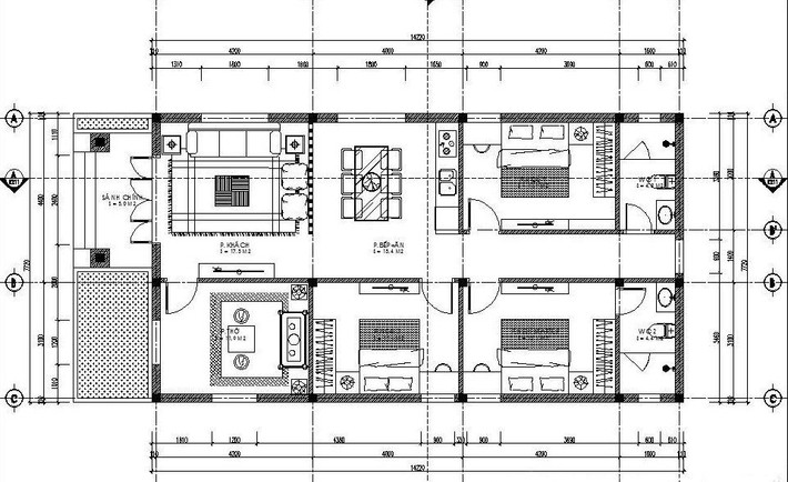Đây là mẫu nhà cấp 4 có 3 phòng ngủ và một phòng thờ. Bản vẽ cho thấy mặt bằng nhà không quá rộng, phòng ngủ được phân bố ở hai phía nhà, ở giữa là phòng khách, sau phòng khách là phòng thờ nhỏ rồi phòng bếp