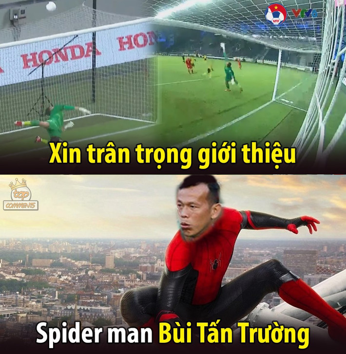 Trong trận gặp đối thủ nhiều duyên nợ Malaysia, Tấn Trường gây ấn tượng mạnh khi từ chối nhiều cú dứt điểm nguy hiểm bên phía cầu thủ bạn và suýt cản phá thành công quả penalty. Nhờ đó, anh được gắn cho biệt danh “Spiderman Bùi Tấn Trường”. Ảnh: Top Comments.