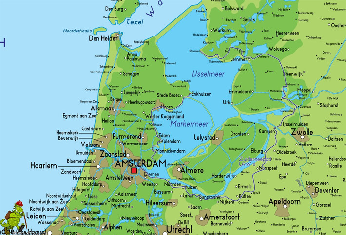 Zuiderzee (biển Nam) trước đây vốn nằm trong nội địa và thông với biển Bắc, có chiều dài 100 km, rộng 50 km, diện tích khoảng 5.000 km2, nước sâu 4 - 5 m.
