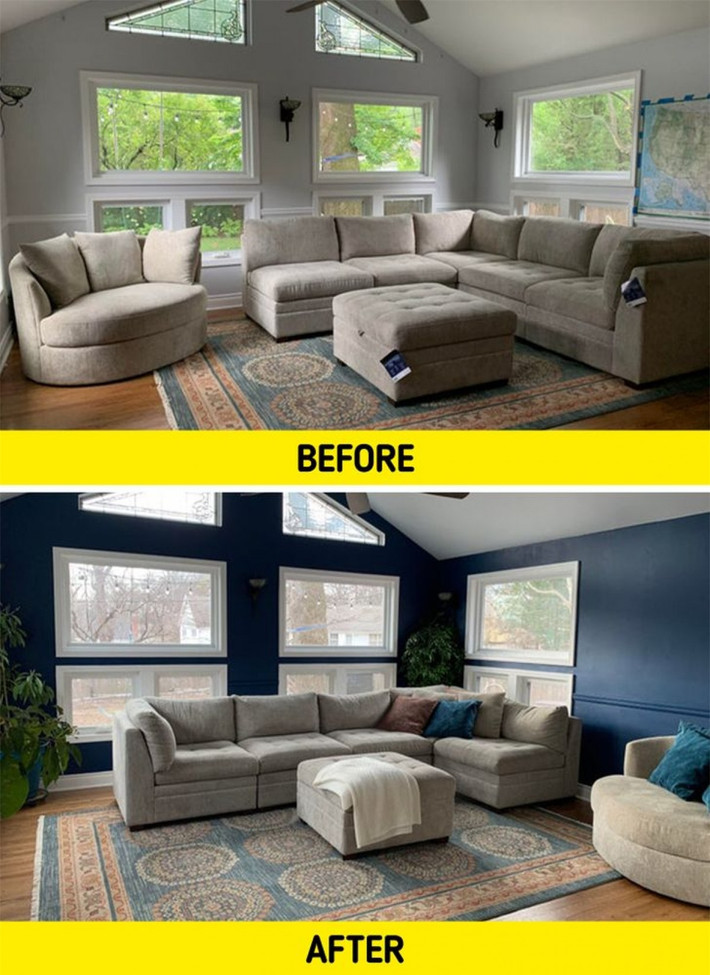 ##sc### Màu sơn tường và bộ ghế sofa ở tấm hình 1 hòa lẫn với nhau khiến căn phòng tẻ nhạt. Sau khi được thay đổi diện mạo, căn phòng đã đầy sức sống.