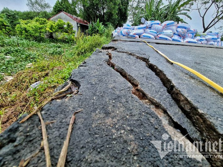 Gia đình ông Quý (SN 1972) có xây dựng một nhà tạm để trông giữ trang trại, do ảnh hưởng của việc sụt lún đê nên tường nhà ông xuất hiện nhiều vết nứt kéo dài, một số vết nứt hở hàm ếch ngày một nghiêm trọng. (Các vết nứt kéo dài uy hiếp an toàn hệ thống đê điều)