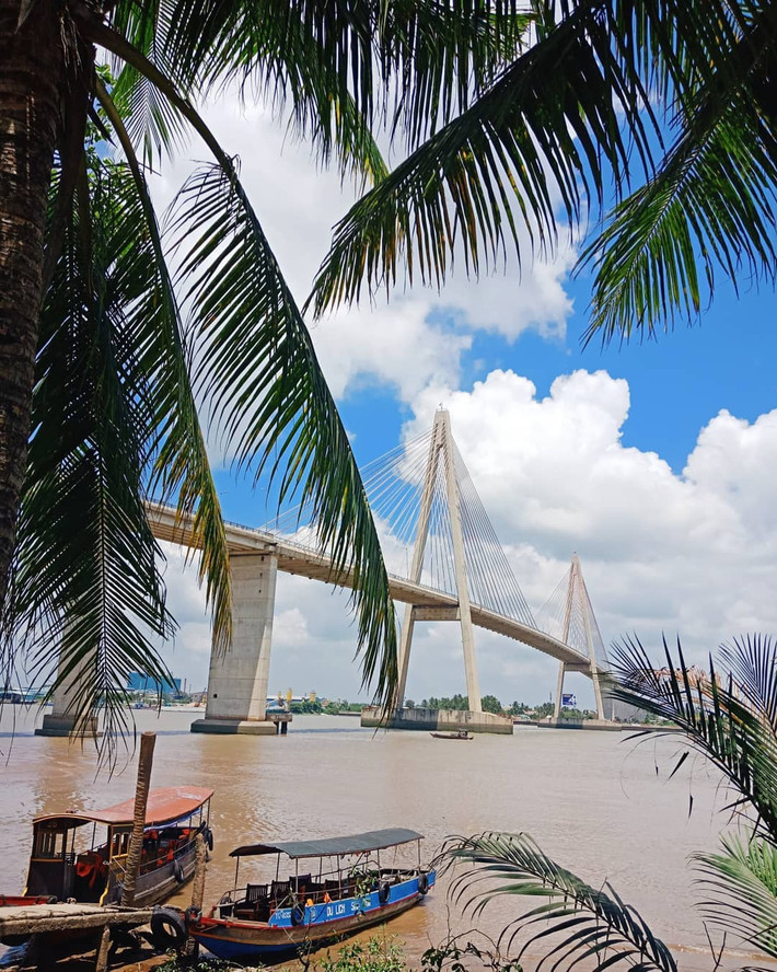 Nằm bắc qua sông Tiền, cầu Rạch Miễu nối liền Tiền Giang ở bờ bắc với Bến Tre ở bờ nam. Khánh thành năm 2009, cầu dây văng này có tổng chiều dài toàn tuyến hơn 8.300 m, giúp xứ dừa Bến Tre không còn là "tỉnh cù lao", giao thông thuận tiện hơn. Ảnh: Phankhangg.