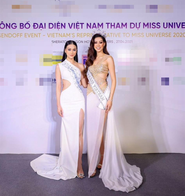 hương Khánh (1m72) đọ dáng cùng Khánh Vân (1m75). Hình ảnh cho thấy Miss Earth không chỉ thua Khánh Vân 3cm như số liệu trừ ra.