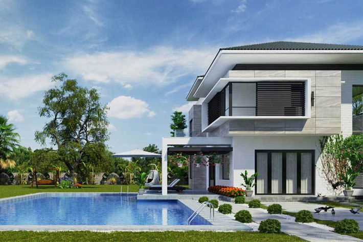 Mẫu biệt thự này được xây dựng vô cùng hiện đại. Bể bơi đặt tại sân vườn khiến không gian thêm phần xanh tươi, thoáng mát và thu hút.