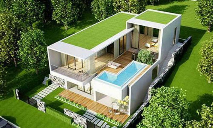 Mẫu biệt thự này đặt bể bơi ở phía trên sân thượng giúp tiết kiệm diện tích xây dựng. Đồng thời, hồ bơi cũng tạo nên một điểm nhấn ấn tượng.