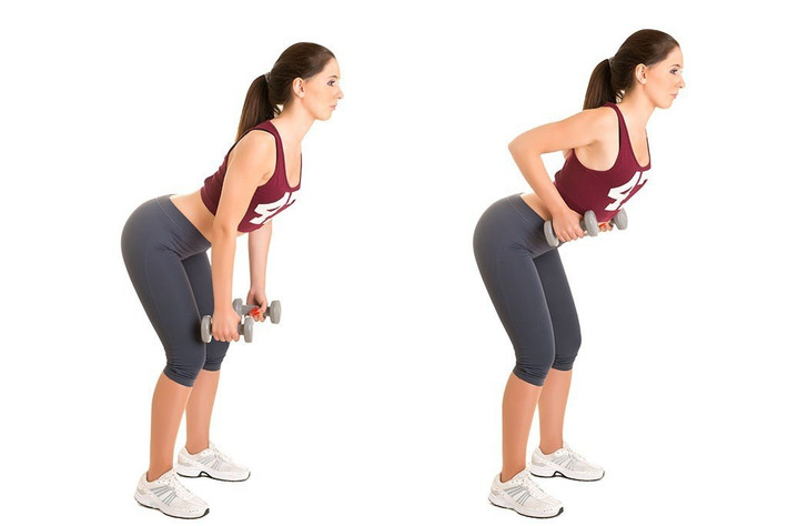 Bent-over Dumbbell Rows: Bài tập này nhắm vào phần lưng giữa, cơ và vai. Nó sẽ giúp bạn có một bờ lưng, vai mảnh dẻ, thanh thoát. Cách thực hiện: Đặt hai chân của bạn cách nhau một khoảng rộng bằng hông. Mỗi tay cầm một quả tạ, lòng bàn tay hướng vào nhau, đầu gối hơi khom và đưa người về phía trước sao cho lưng và đùi tạo thành góc 60 độ. Lưng giữ thẳng. Sau đó, hai tay từ từ nâng tạ và ép sát ngực. Cánh tay tạo thành một góc 90 độ. Tại vị trí này, siết chặt cơ lưng và giữ trong một giây. Tiếp đến, bạn hạ từ từ hai tay, trở về vị trí ban đầu và hít vào. Động tác lặp lại 10 lần sau đó đổi bên. Ảnh: Eatthis.