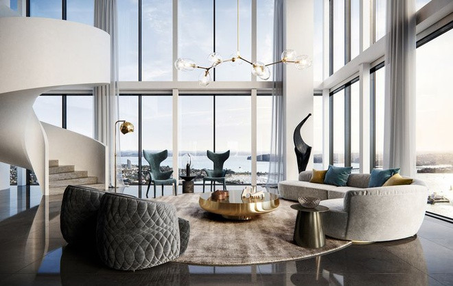 Tầng một của căn penthouse bao gồm những không gian sinh hoạt, tiếp khách như nhà bếp, phòng ăn mang khuynh hướng cởi mở, phòng khách thoáng đãng, và một khu vực giải trí, thư giãn sang trọng.