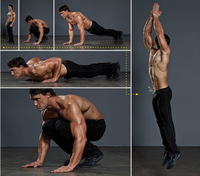 Burpee là một bài tập toàn thân đốt rất nhiều calo vì dù khá đơn giản nhưng sẽ rất mệt nếu bạn tập nhiều lần với tốc độ nhanh. Ảnh: Muscle & Performance