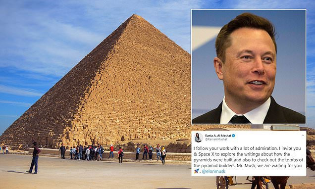 Người đứng đầu Cơ quan Hợp tác Quốc tế Ai Cập Rania al-Mashat mời Elon Musk trực tiếp đến thăm các kim tự tháp. Tiến sĩ Zahi Hawass, nhà khảo cổ học và Ai Cập học, cũng đăng video phản đối Elon Musk. Ảnh: Daily Mail.
