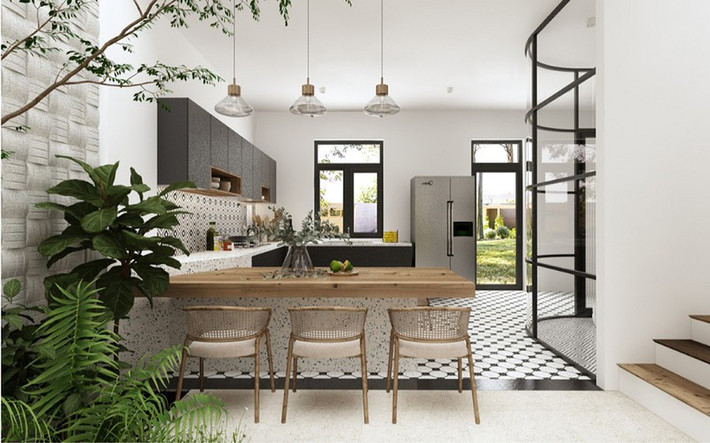 Những chất liệu thiên nhiên được sử dụng triệt để trong căn nhà phố Deluxe Green House, từ đá cẩm thạch, gạch mosaic, đến chất liệu sắt, rất nhiều đồ gỗ, tre, nứa… Sự kết hợp và sắp xếp tinh tế giữa các chất liệu, đem lại cảm giác mới mẻ và sáng tạo.