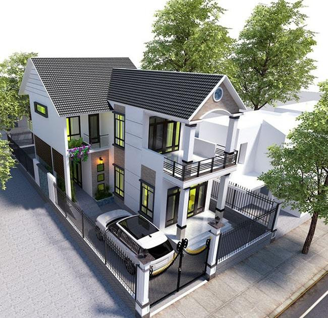 Căn nhà này có phần mái thái tối màu nổi bật trên nền tường màu trắng, có thể tận dụng góc chữ L để đậu xe mà không mất đi tính thẩm mỹ. Bao quanh là hàng rào sắt đồng màu với mái thái gây ấn tượng độc đáo