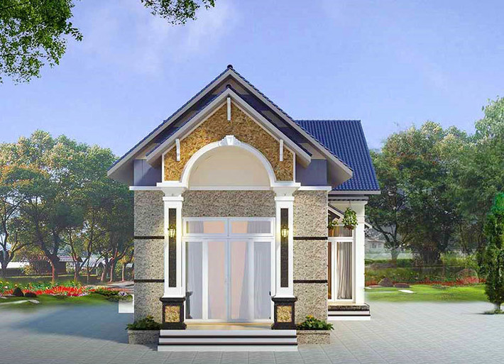 Đây là kiểu nhà ống với mặt tiền theo phong cách hiện đại, có một chút tân cổ Pháp. Sử dụng đá ốp mặt tiền và kiểu mái chồng giật cấp tạo nên sự ấn tượng đặc biệt cho ngôi nhà