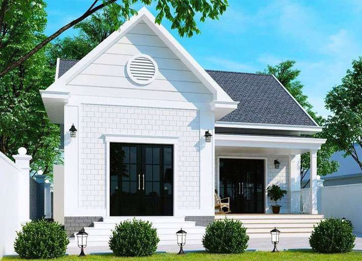 Mẫu nhà ngang cấp 4 mái thái sơn màu trắng trung tính nhẹ nhàng. Mái thái màu ghi xám nổi bật trên nền trắng, tạo điểm nhấn cho công trình
