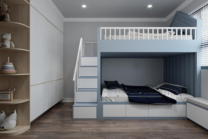 ##s###Phòng cho các bé được tích hợp giường tầng để tiết kiệm không gian, kệ tủ quần áo riêng kèm tủ kéo thông minh dưới cầu thang của giường tầng, giúp các bé dễ sử dụng và cất được nhiều đồ hơn.