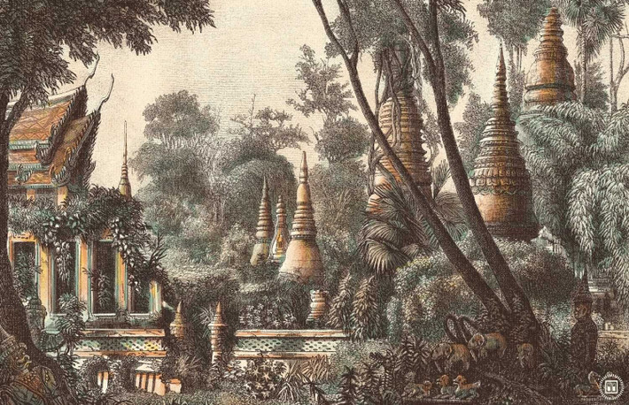 Với đôi chân háo hức khám phá, đôi mắt quan sát tinh nhạy, chắt lọc thông tin từ trải nghiệm của đoàn thám hiểm; kết hợp với kiến thức từ nhiều nguồn khác nhau, Garnier đưa bạn đọc cũng khám phá đất và người qua trang sách. Trong hình là Di tích bảo tháp và ngôi chùa trong rừng ở Vien Chan (hình ảnh do L. Delaporte thực hiện, Đông A phục chế).