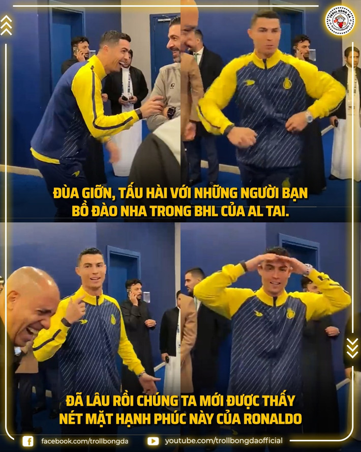 Ronaldo vui cười dù chưa đá trận ra mắt Al Nassr. (Ảnh: Troll Bóng đá).